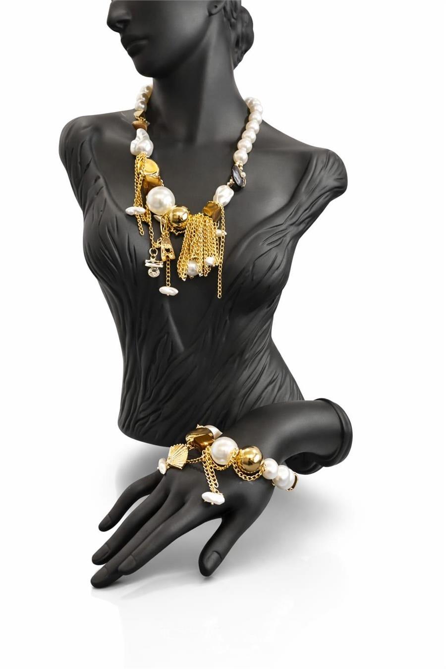 Berry Zincir Püskül Detaylı İncili Kolye Bileklik Set